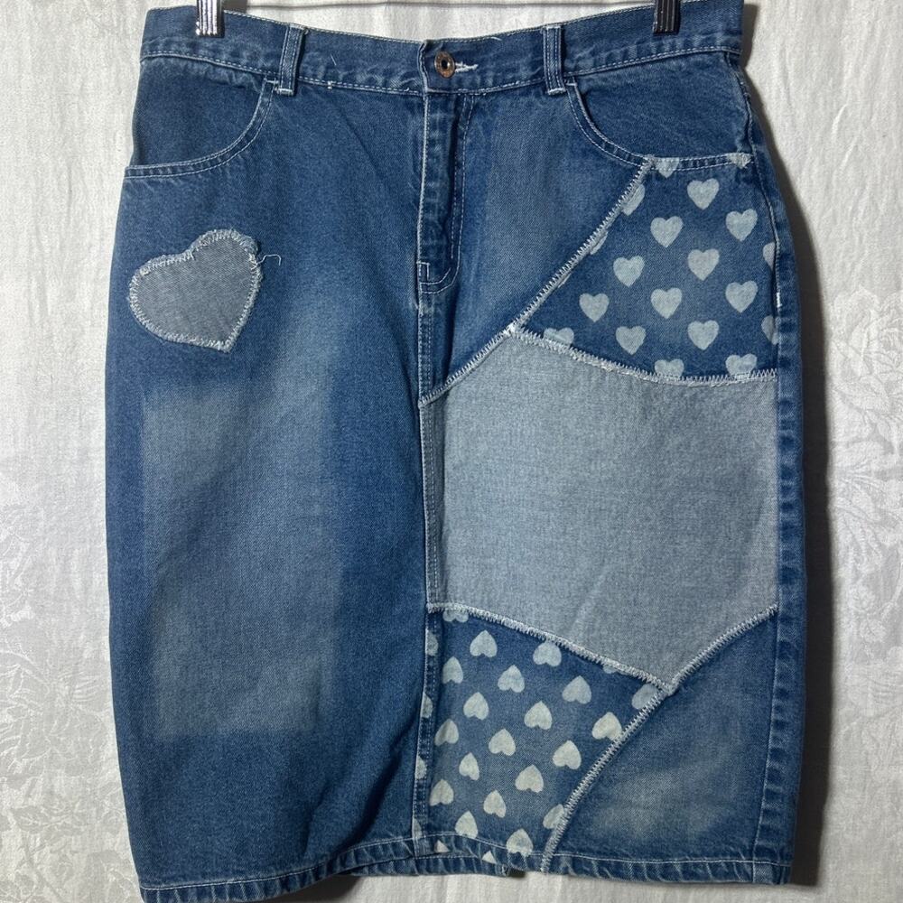 Vintage Jean Skirt 9 10 Patchwork Hearts Pencil Knee Length Distressed Juke Box